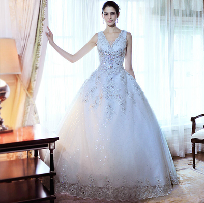 Robes de mariage perlées de luxe de fausse pierre, robes de mariage gonflées de Tulle de femmes