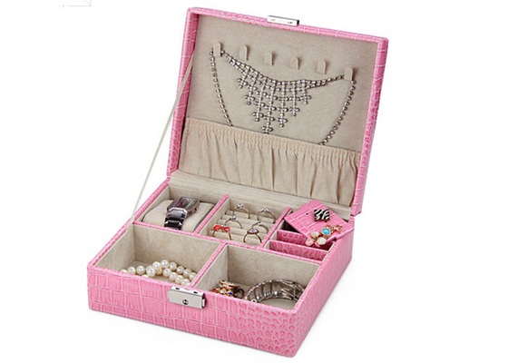 Cuir de relief de plein crocodile boîte de bijoux de rose de 2 couches pour des boucles d'oreille, collier