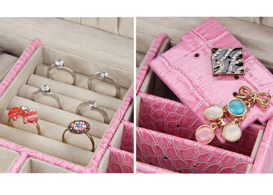 Cuir de relief de plein crocodile boîte de bijoux de rose de 2 couches pour des boucles d'oreille, collier